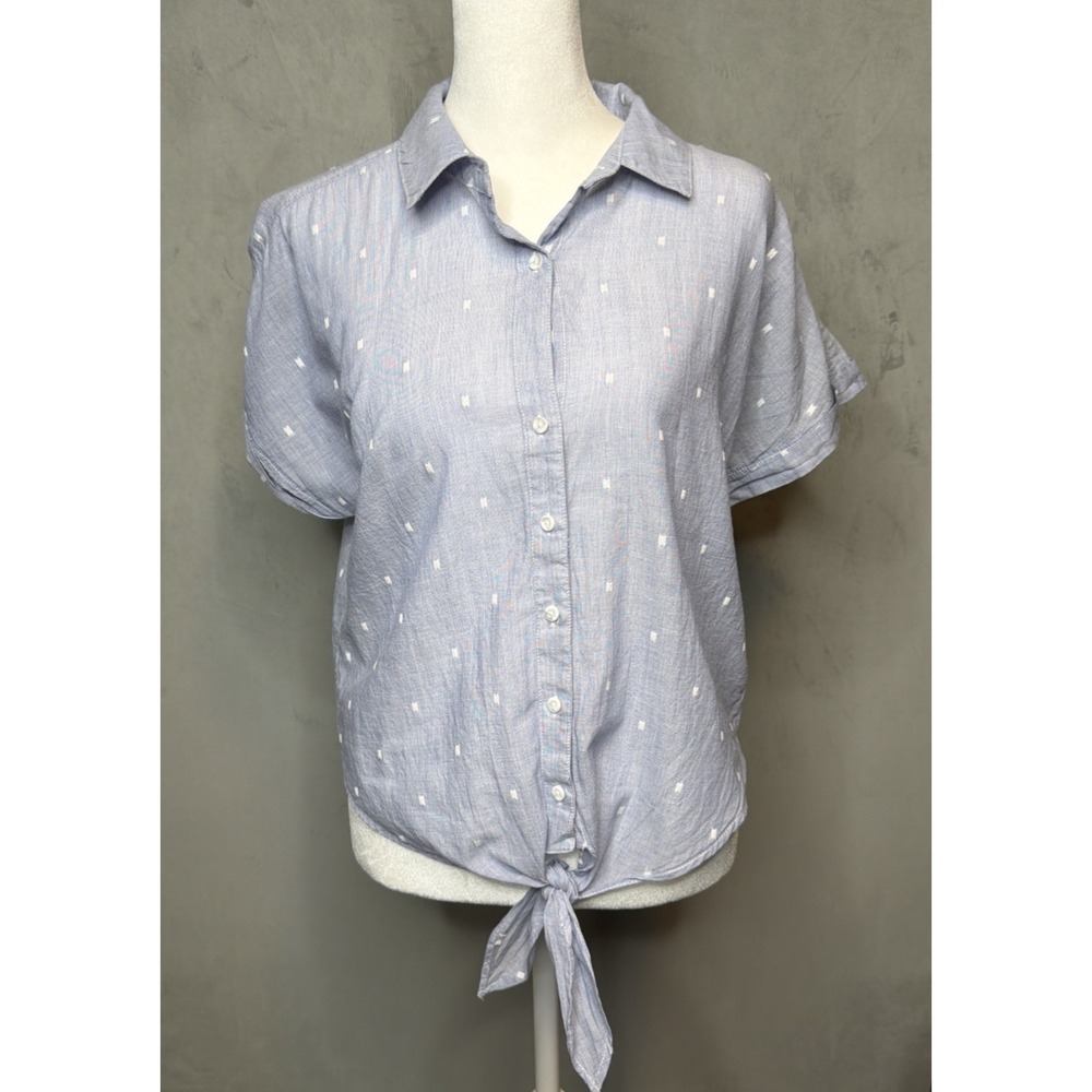 Cloth & Stone Women's PS Blue Tie Front Button Shirt 100% Cotton Short Sleeve